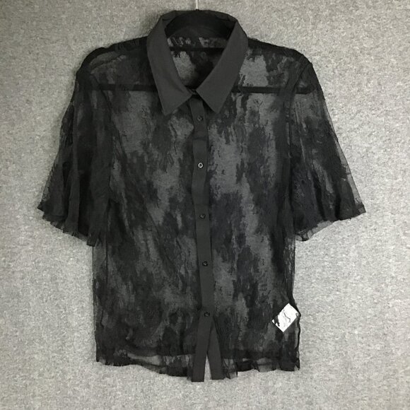 Black Button Up Delicate Lace Flutter Sleeve Shirt Sz L - Picture 4 of 9